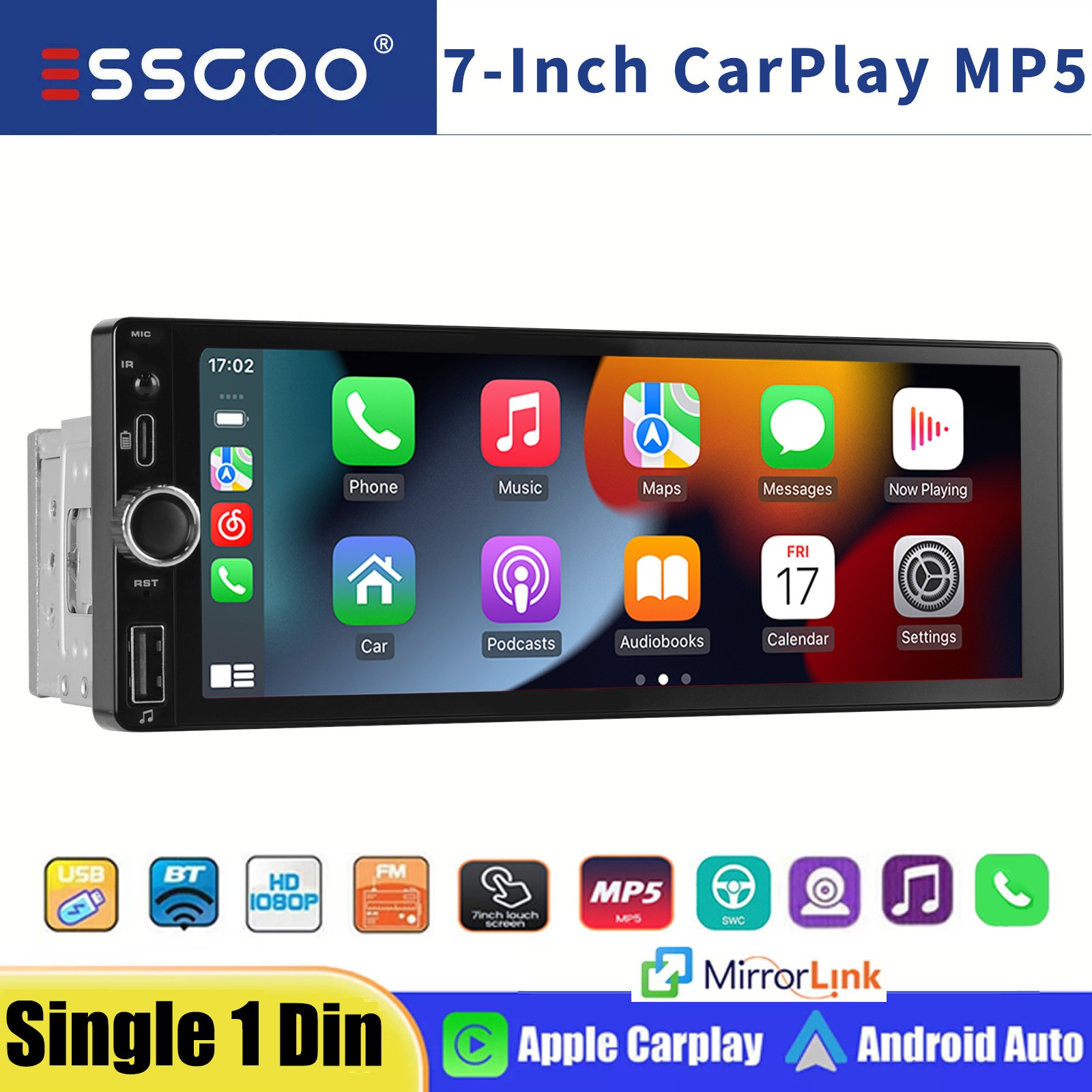 6.8″ Apple Carplay/Android Auto Single DIN Car Stereo Radio Bluetooth FM USB SWC