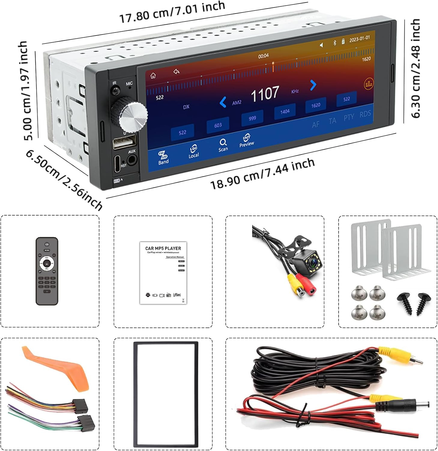 Single DIN Car Stereo with Wireless Apple Carplay Car Radio Android Auto, 6.36″