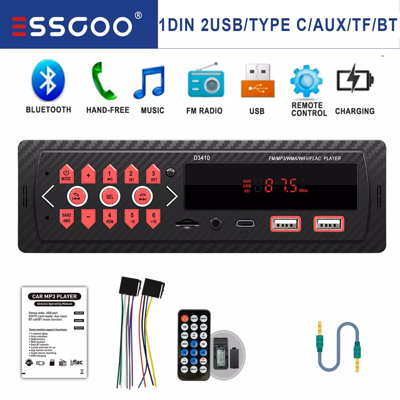 Car Stereo Single 1 Din Car Radio Bluetooth FM/USB/SD MP3 Player HeadUnit Type-c