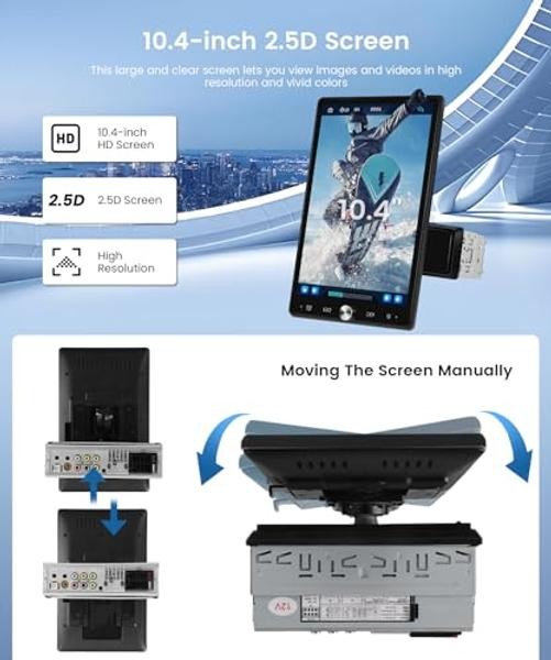 10.4 Inch Car Stereo Single Din Wireless Carplay Touch Screen, Vertical