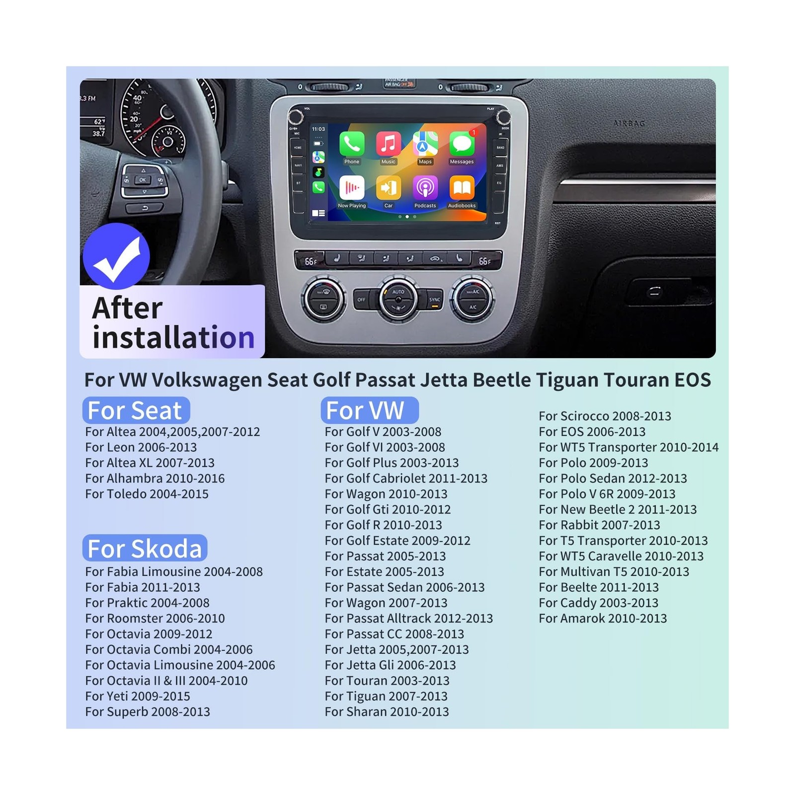 Car Radio for VW Volkswagen Seat Golf Passat Jetta Beetle Tiguan Touran EOS 8…