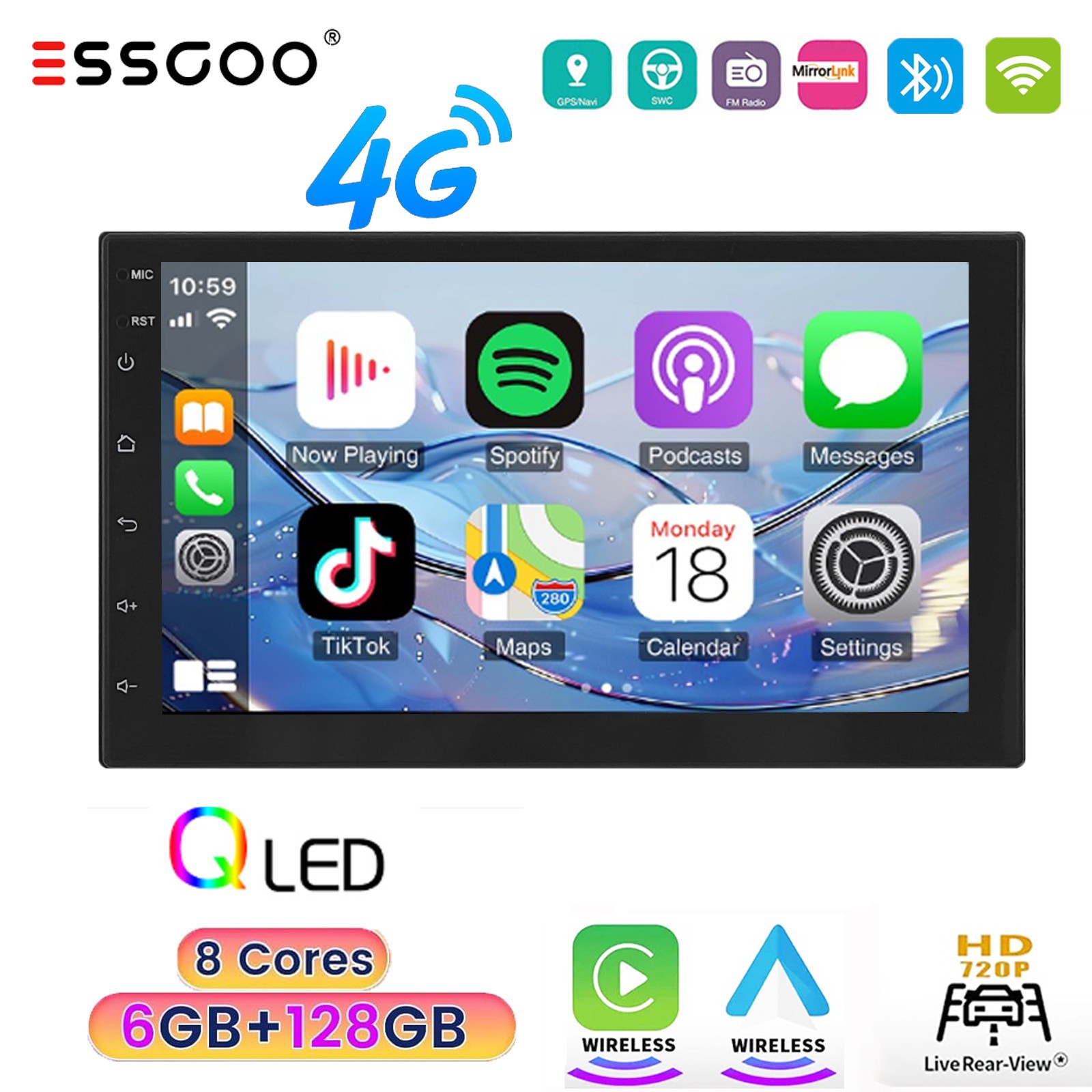 6+128GB 8-Core 7″ 2 DIN Car Stereo Radio Android 15 Carplay GPS Navi WIFI SWC BT