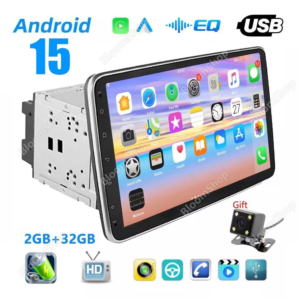 10.1in 2DIN Car Touch Screen Stereo Radio GPS Wifi Player BT Android 15 Camera