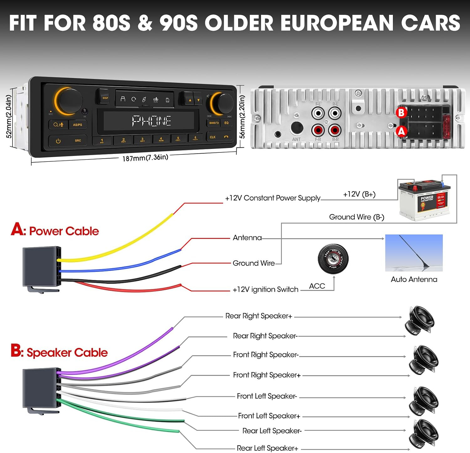 Single Din Retro Bluetooth Radio: European Style Stereo for Classic Cars | HD LC