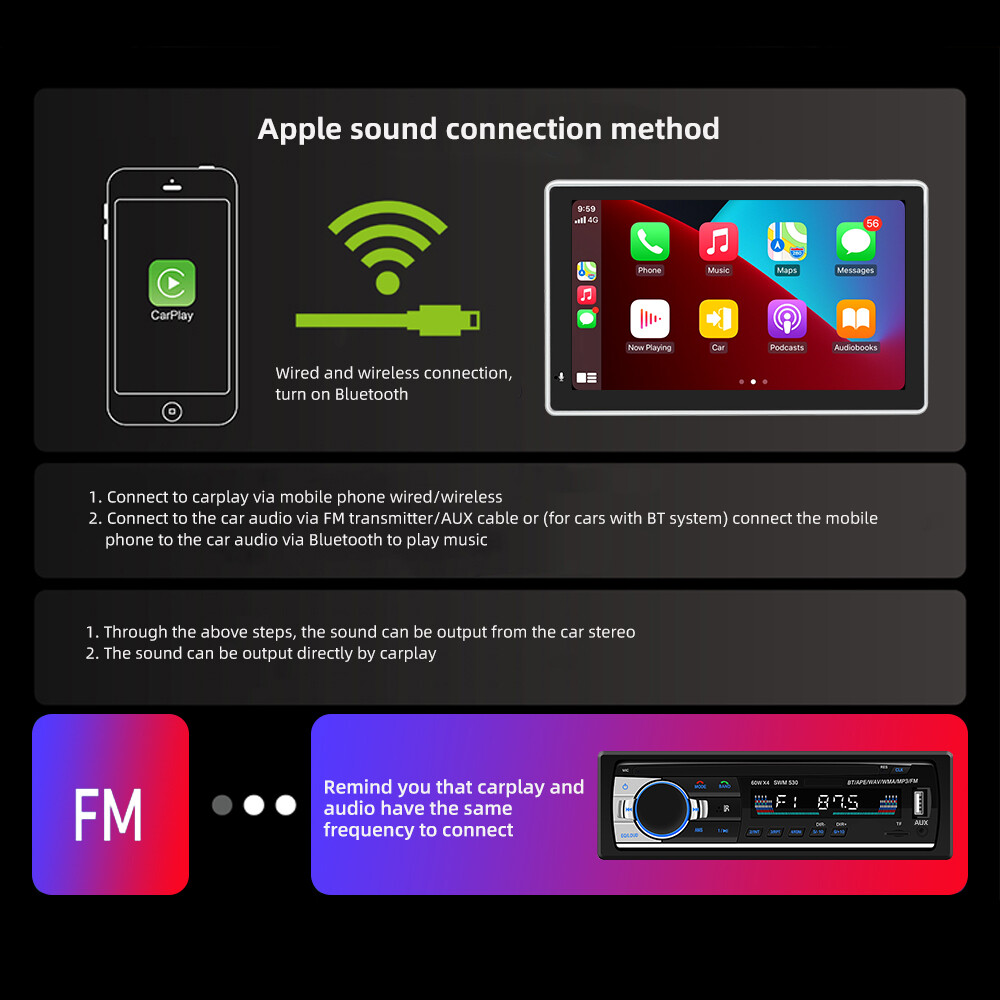 7″ Touch Screen Portable Wireless Apple CarPlay Android Auto Car Radio Stereo
