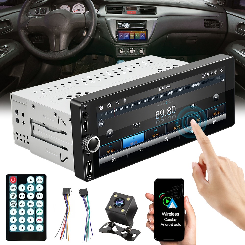 Single 1 Din Carplay Car Stereo Radio Bluetooth Touch Screen With Camera 6.8in