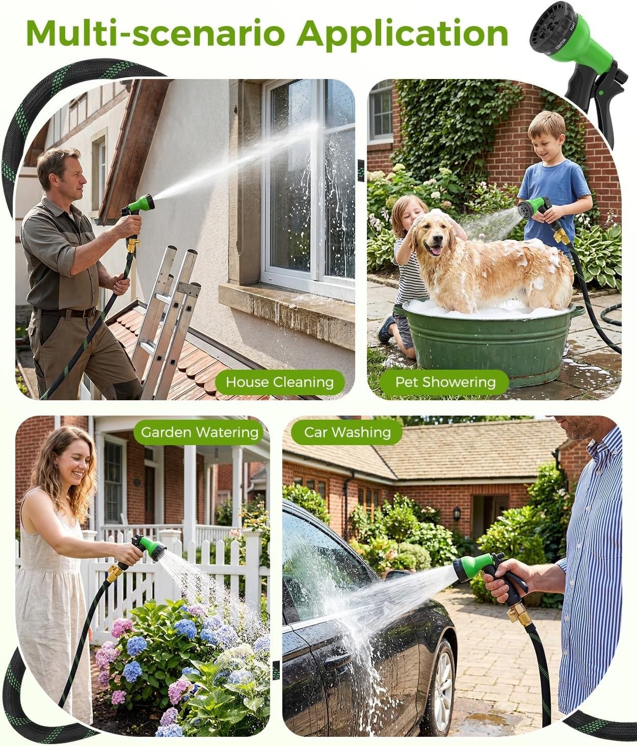 100ft Garden Hose, Non-Expandable Water Hose with 8 Function Spray Nozzle, Light