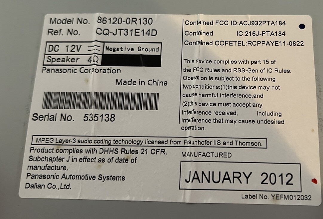 Toyota AM FM Radio Single Disc CD MP3 Player 86120-0R130 – Free shipping