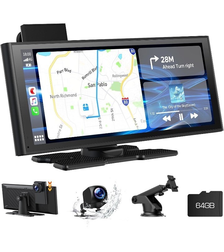 Volam 9.26” Wireless Carplay Screen Portable Car Stereo with 4K Dash Cam, 1080p
