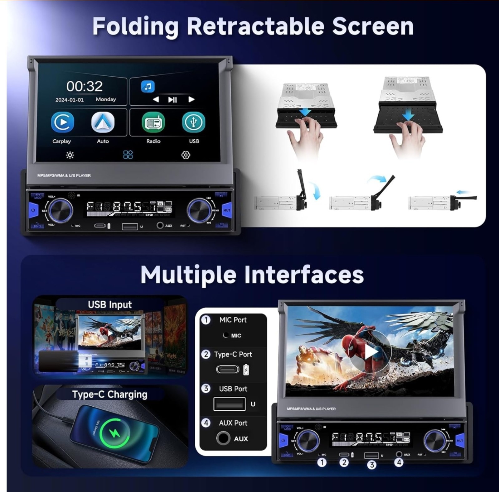 7″ Single DIN Flip Out Car Stereo – Wireless CarPlay, Android Auto, Bluetooth 5.
