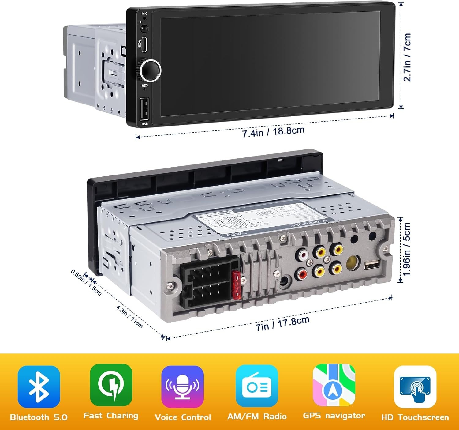 Wireless Single Din Car Stereo-Apple Carplay, Android Auto, 6.86″ Touchscreen