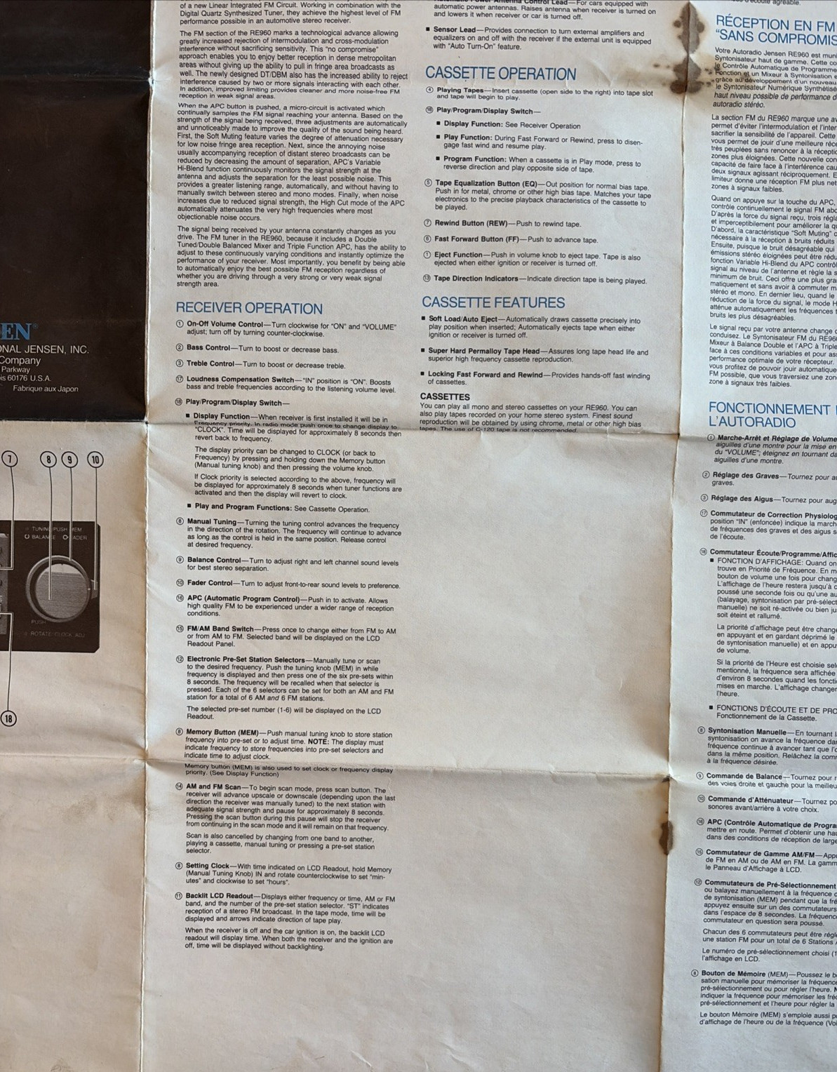 Vtg & Orig Fold Out Manual for Jensen AM/FM Casette Car Stereo Model RE960