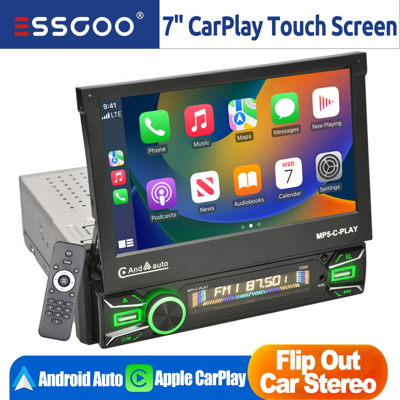 7″ Single 1 DIN Car Radio Touch Screen Stereo Flip out Player Bluetooth CarPlay
