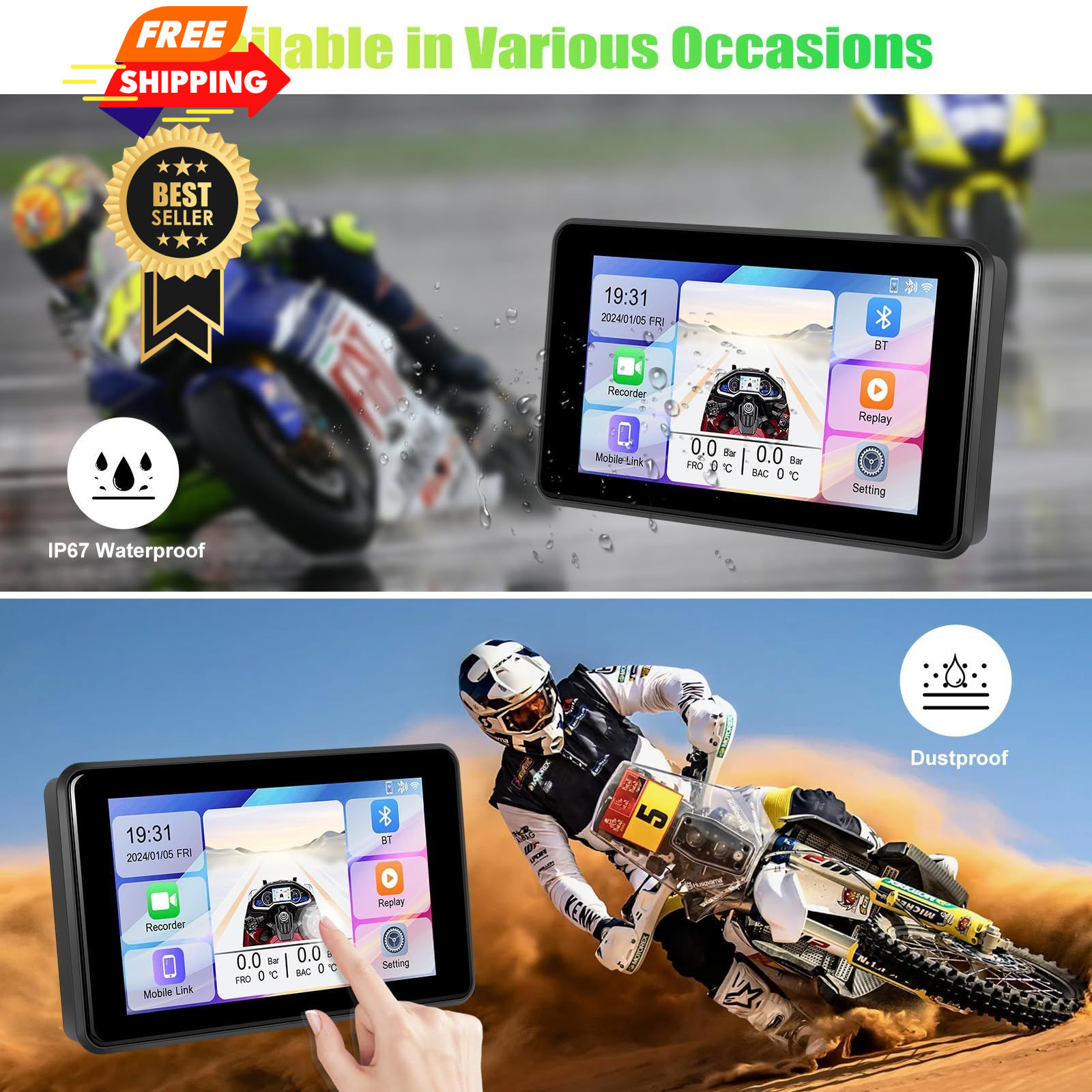 CAMECHO Motorcycle Carplay Screen with 2K Dash Cam/HD 5-inch Cameras
