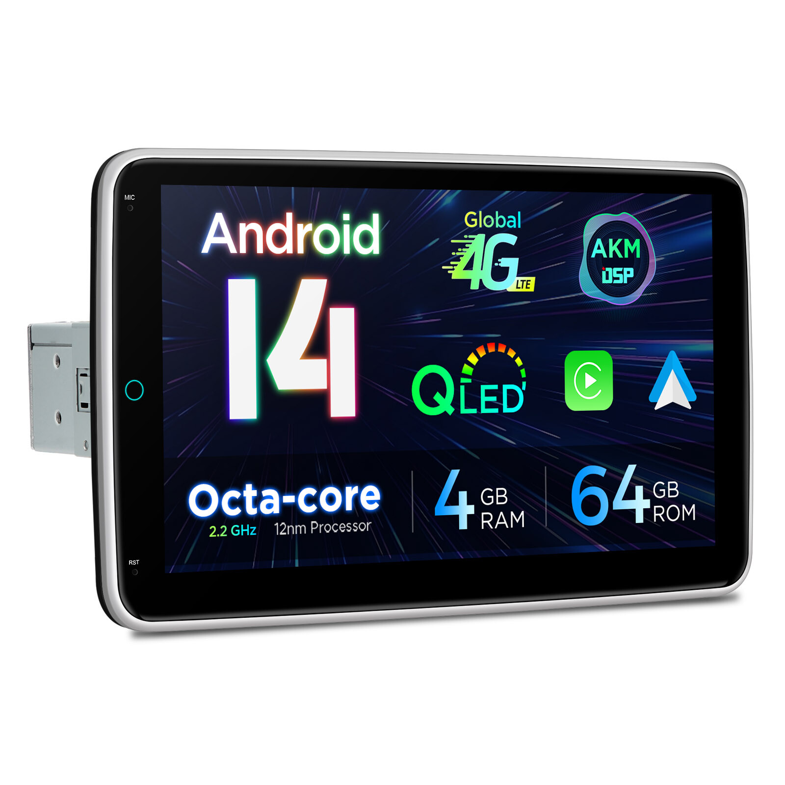 10.1″ Rotatable Screen 1-DIN 8Core Android 13 64GB Car Play Stereo GPS Radio DSP
