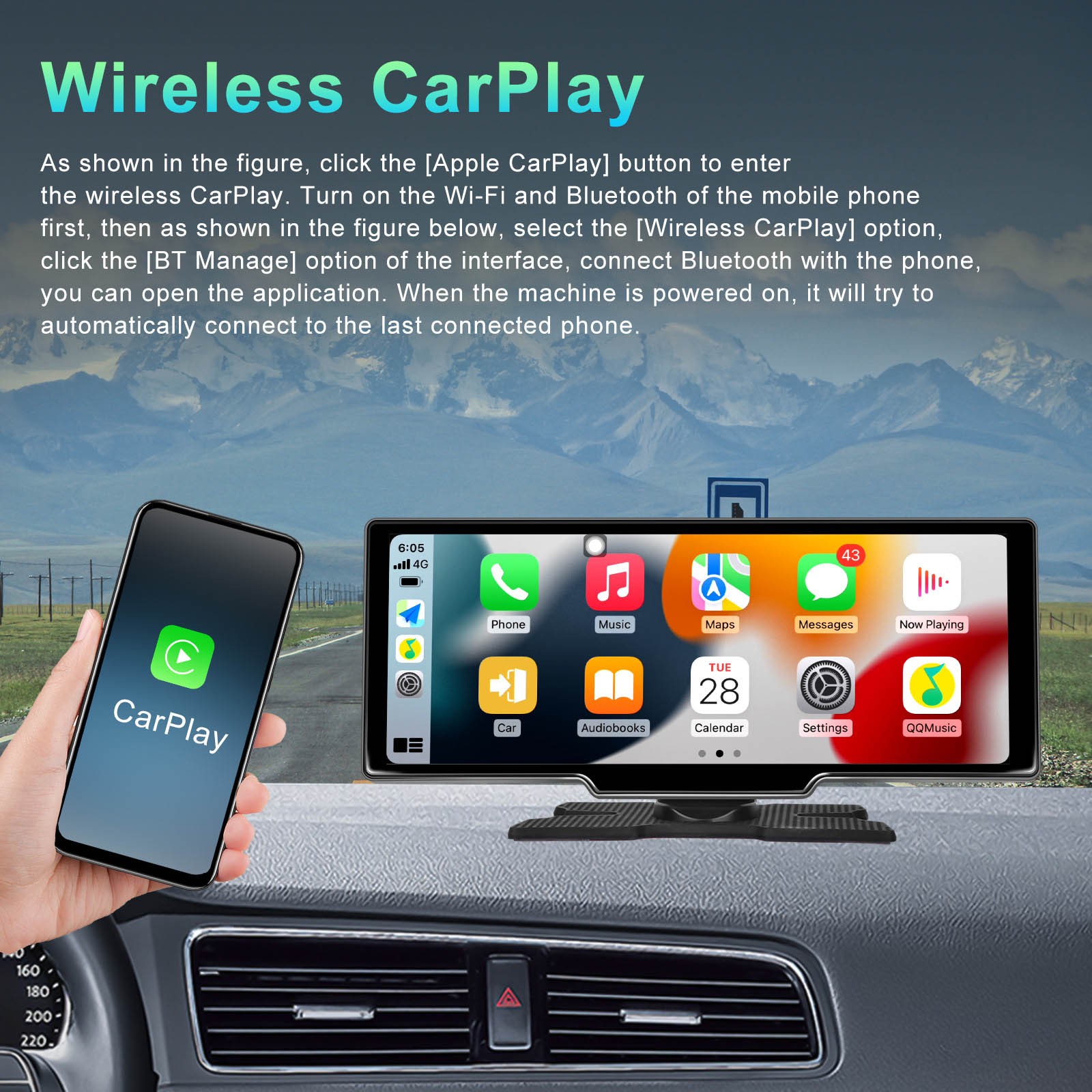 10.26″ Portable Bluetooth Car Navigation Carplay Wireless Car Radio + AHD Camera
