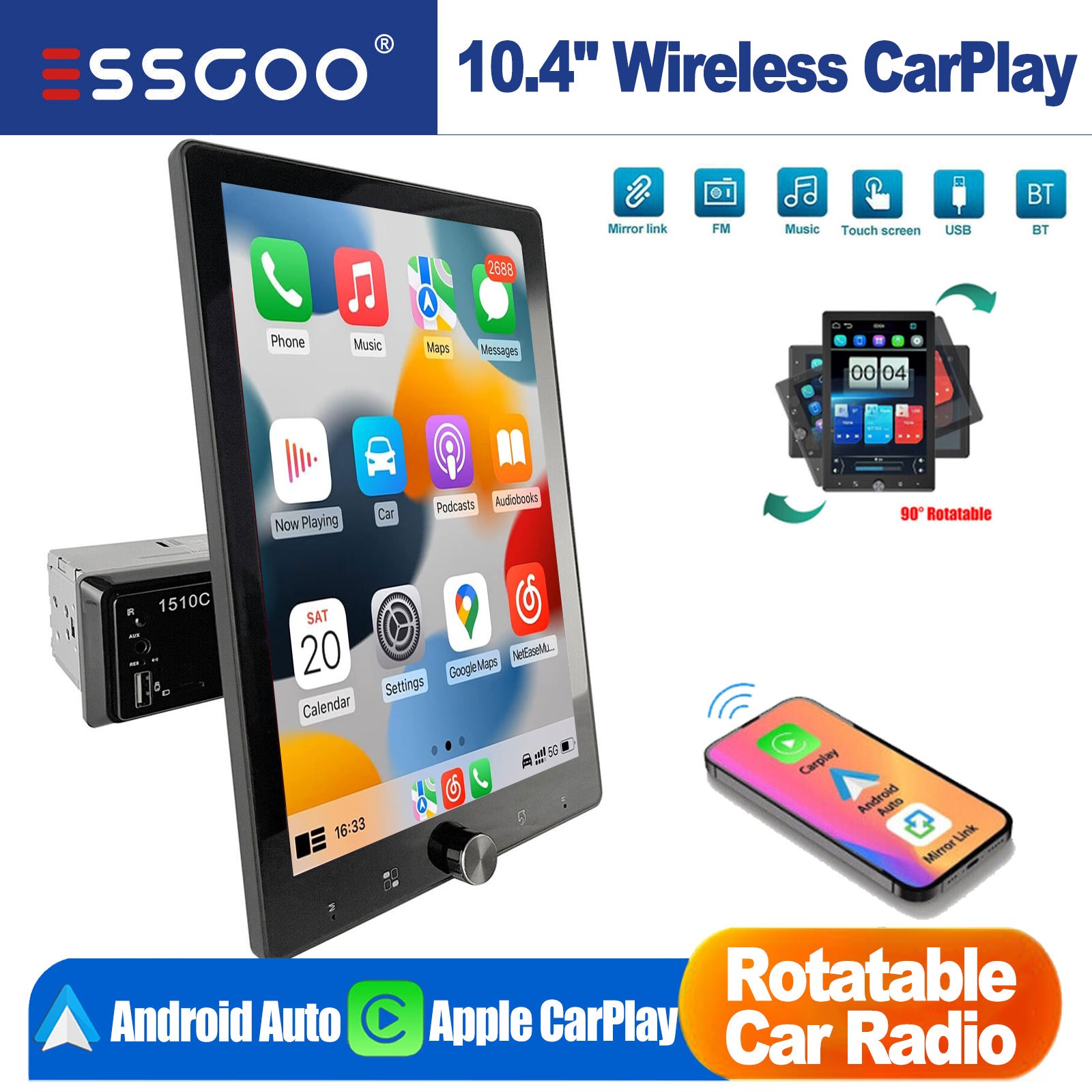 Wireless Apple CarPlay Android Auto 10.4″ Single 1 DIN Car Stereo Head Unit AUX