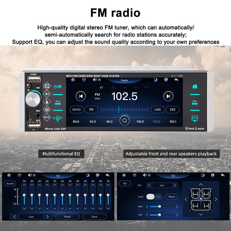 5.1″ Single 1 Din Car Radio Touch Screen Carplay Bluetooth MP5 Player FM/USB/AUX