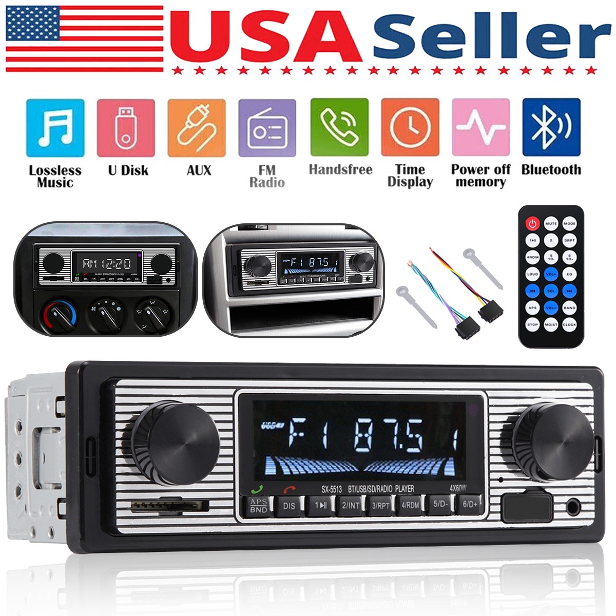 Vintage Car FM Radio MP3 Player Bluetooth USB Classic Stereo Audio Receiver AUX