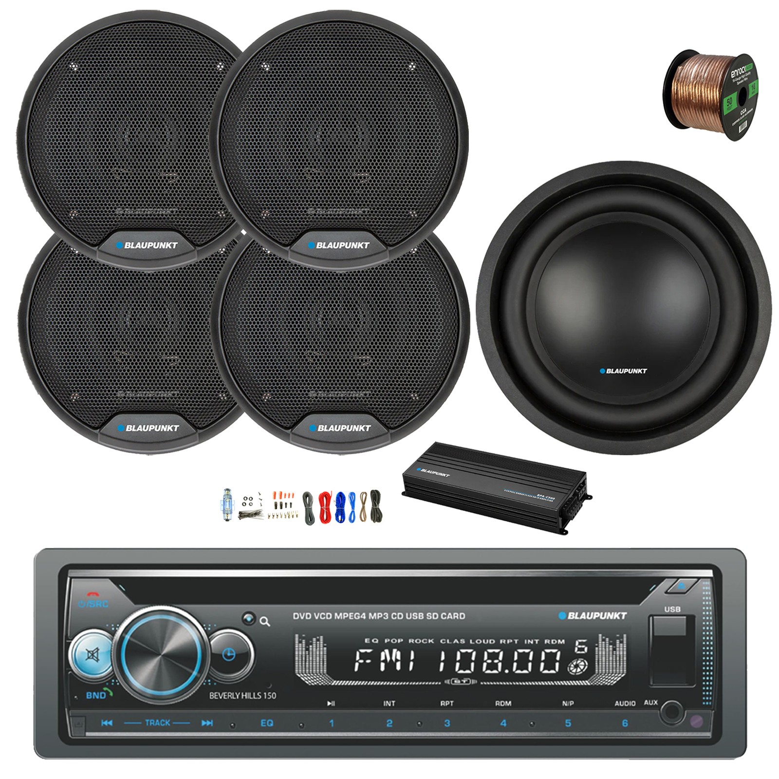 Blaupunkt Bluetooth Radio, Amp w/Kit, 10″ Sub, 4x 6″ 40W Speaker, Wire
