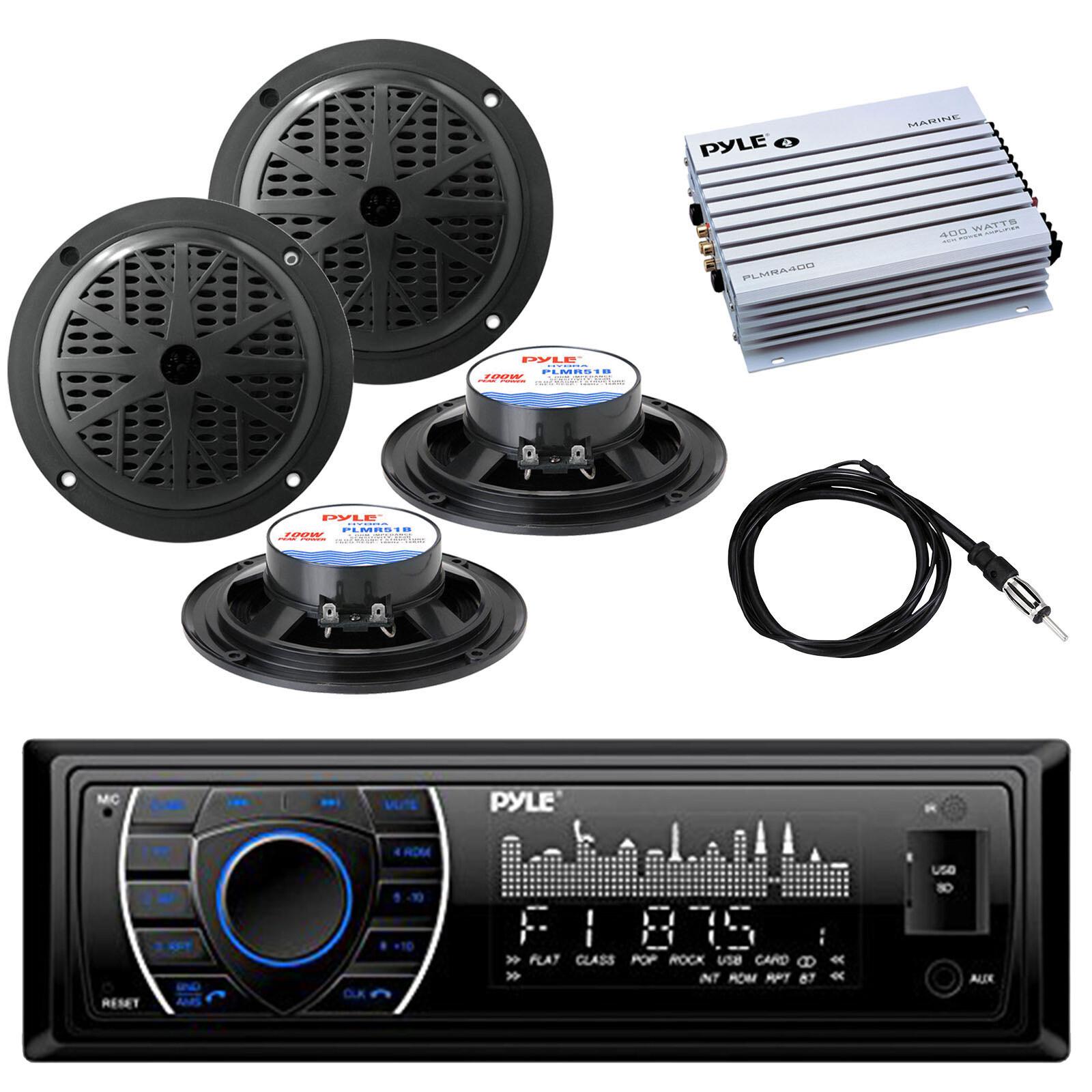 Marine Bluetooth Radio, 4x 5.25” Speakers, 4 Ch. Waterproof Amplifier, Antenna