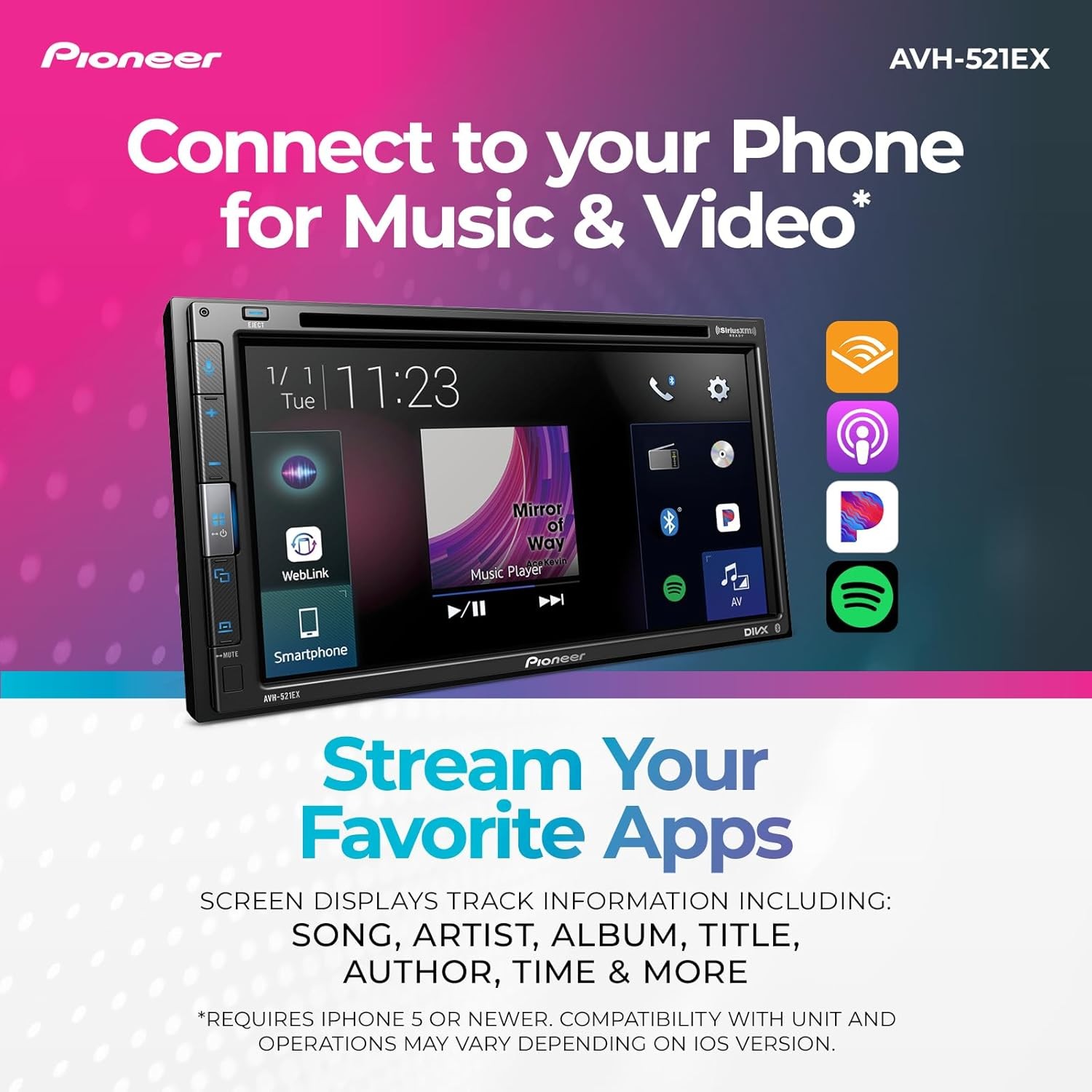 6.8″ Resistive Touchscreen Double DIN Car Stereo AVH-521EX Bluetooth USB Backup