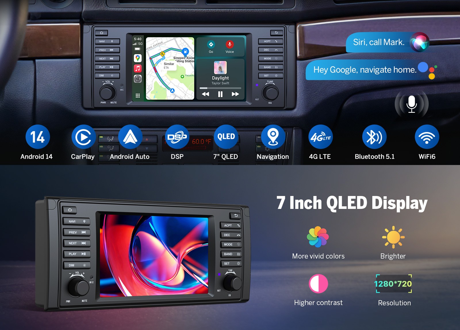 7″ Android 14 6+64GB Car GPS Stereo Radio CarPlay Head Unit DSP for BMW E39 540i