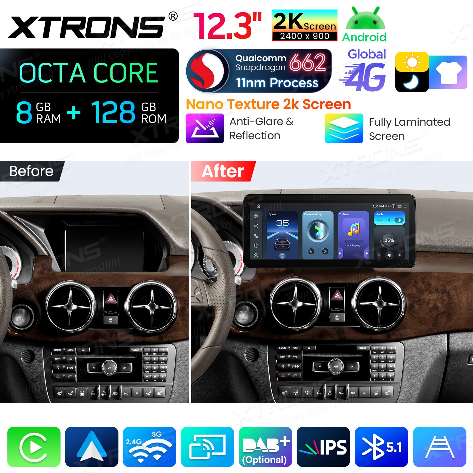 For Mercedes Benz GLK Class X204 Android 14 Stereo 12.3″ 2K Nano Display 8+128GB