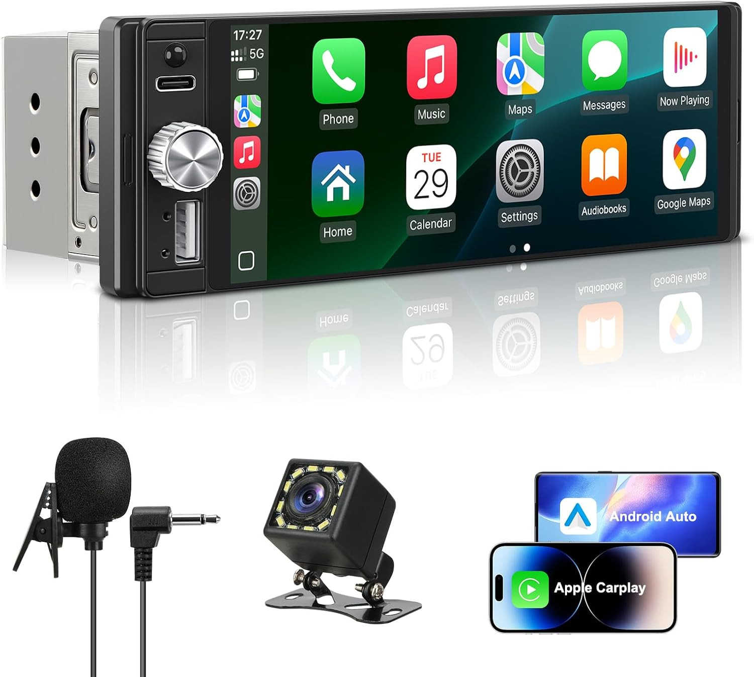 Single Din Radio Car Stereo with Apple Carplay & Android Auto, 6.28 Inch HD Touc