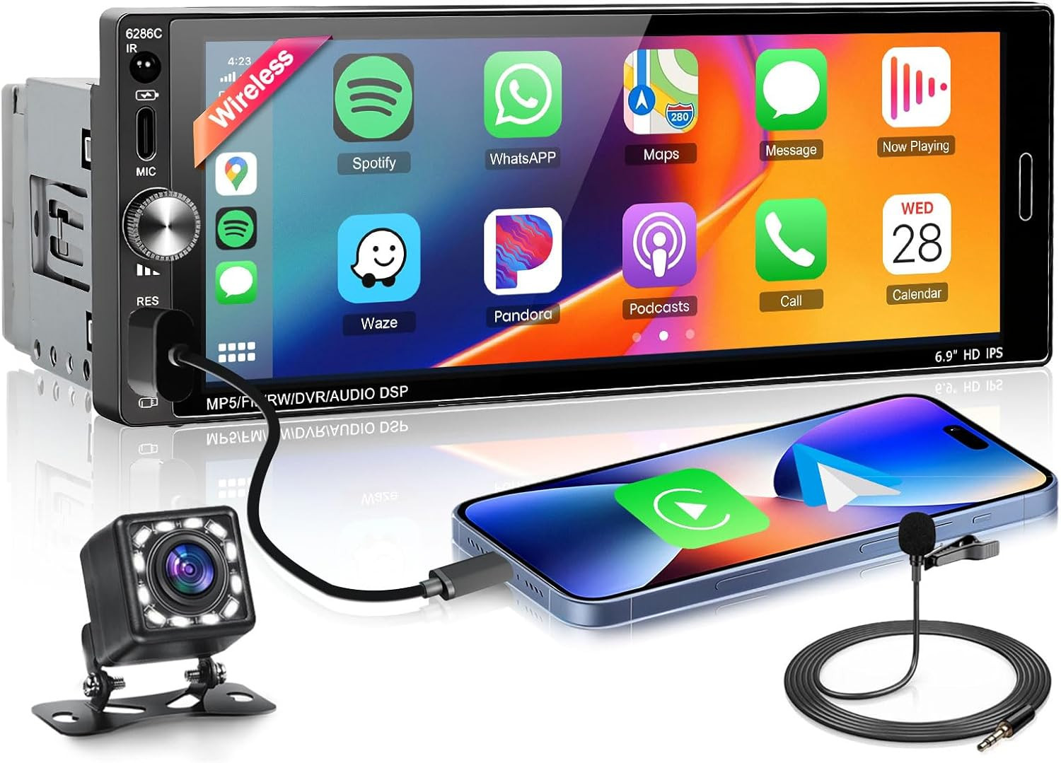 Single Din Car Stereo Wireless Carplay Android Auto, 6.9 Inch Bluetooth5.2 Car