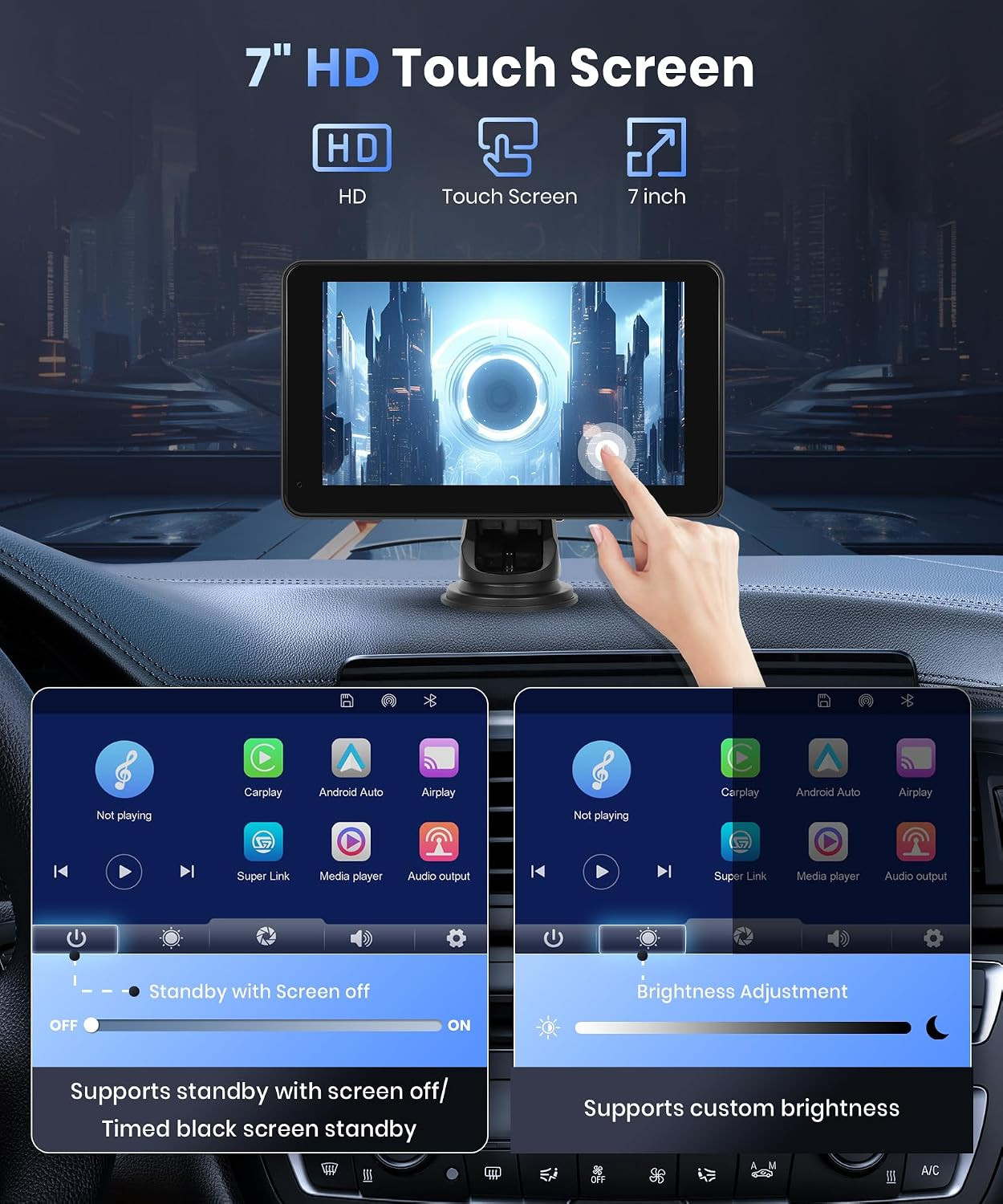 Podofo Wireless Carplay Screen for Car,7Inch 1080P HD IPS Touch Screen Portable