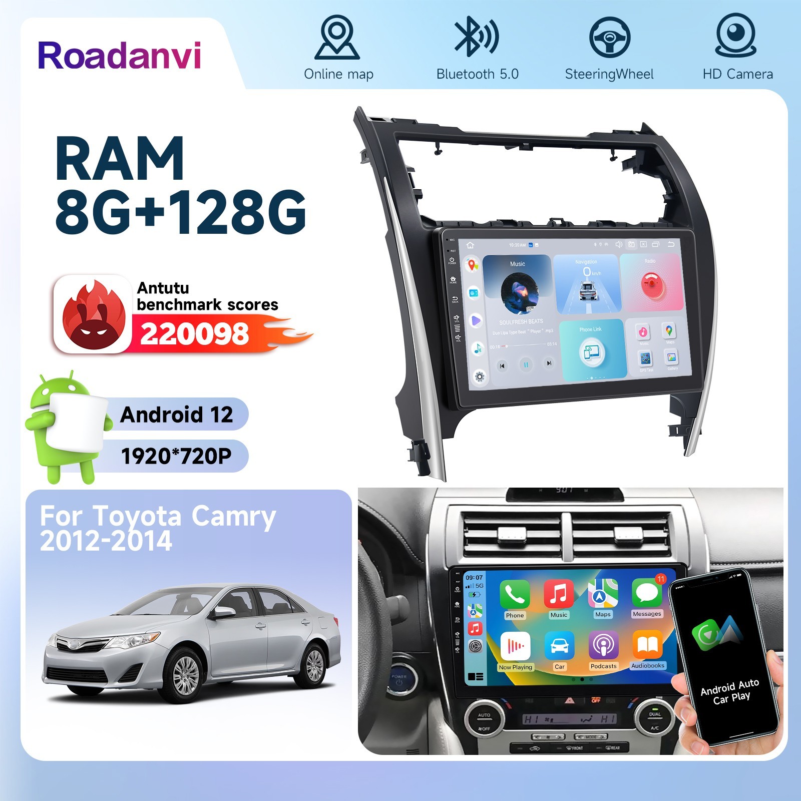 Roadanvi 10.2″ Android 12 Car Radio GPS CarPlay WiFi for Toyota Camry 2012-14