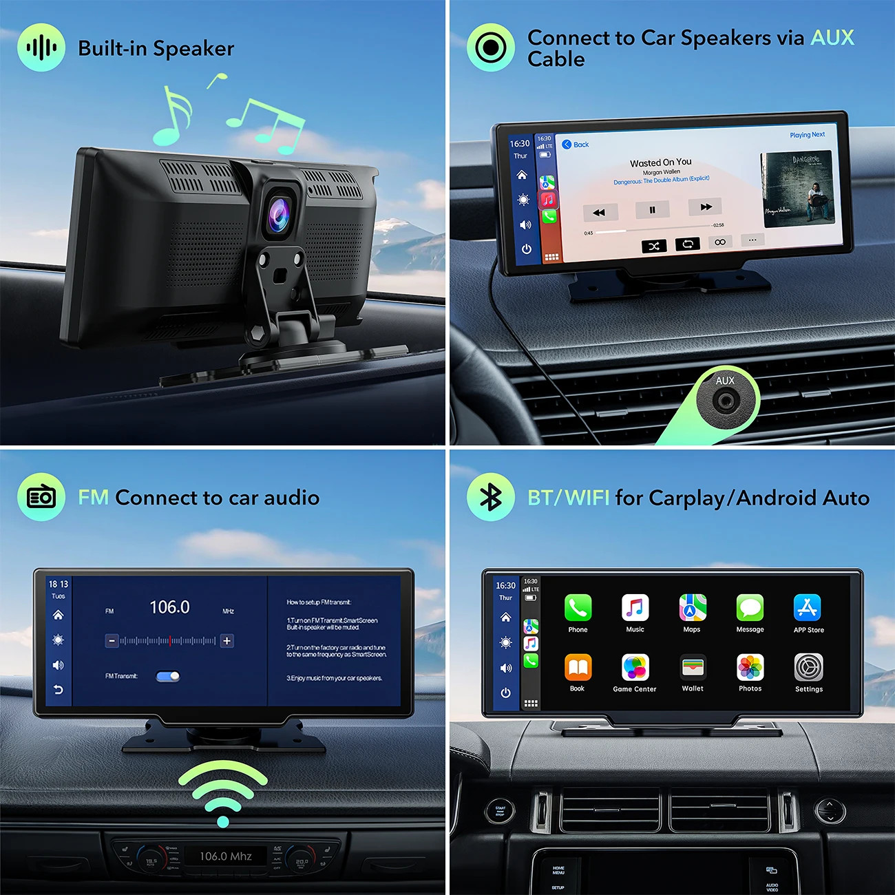 10.2″ Wireless Carplay Monitor Screen Android Auto DVR Front Rear Cam Rearview