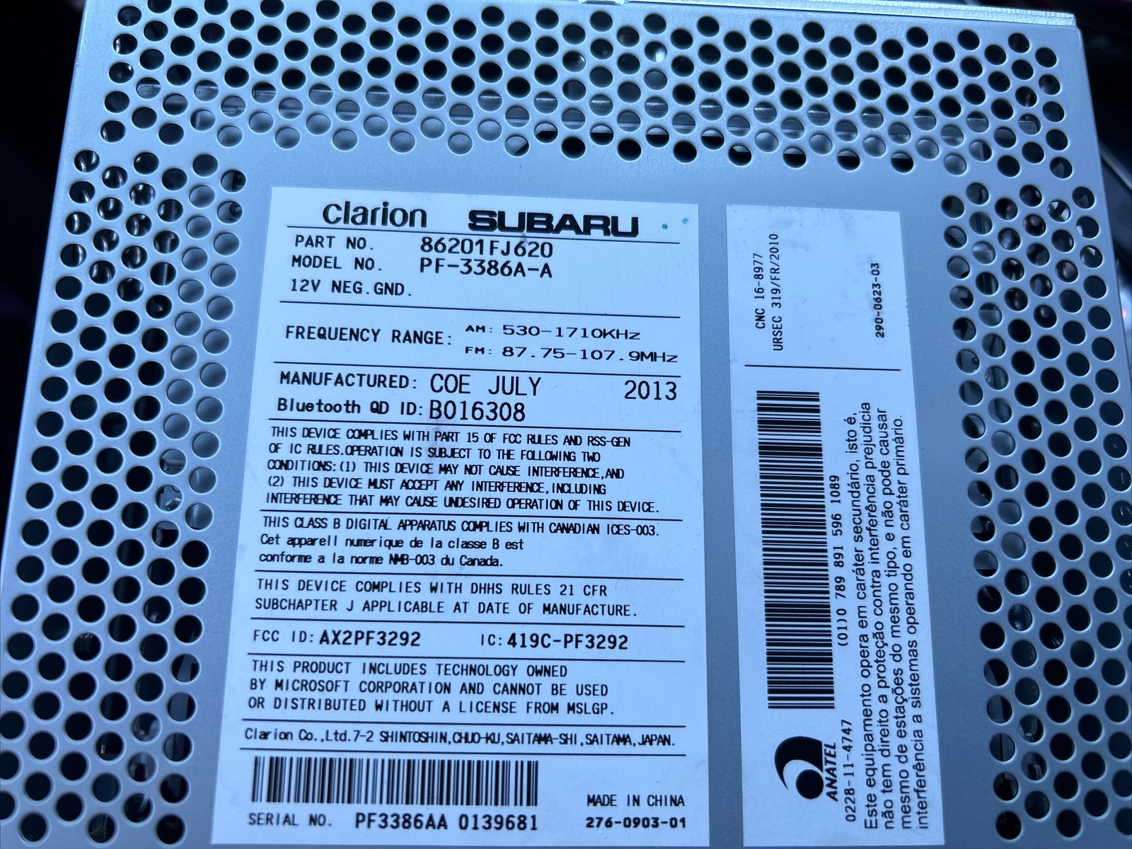 Subaru 2013 Clarion car Stereo Radio double din head model pf3386aa