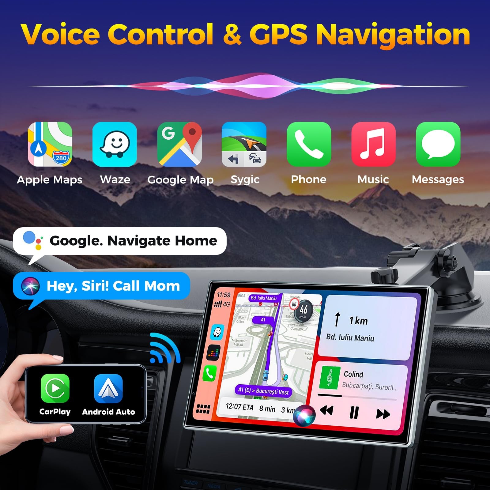 7″ Wireless CarPlay Android Auto Screen for Car – Voice Control, GPS Navigati…