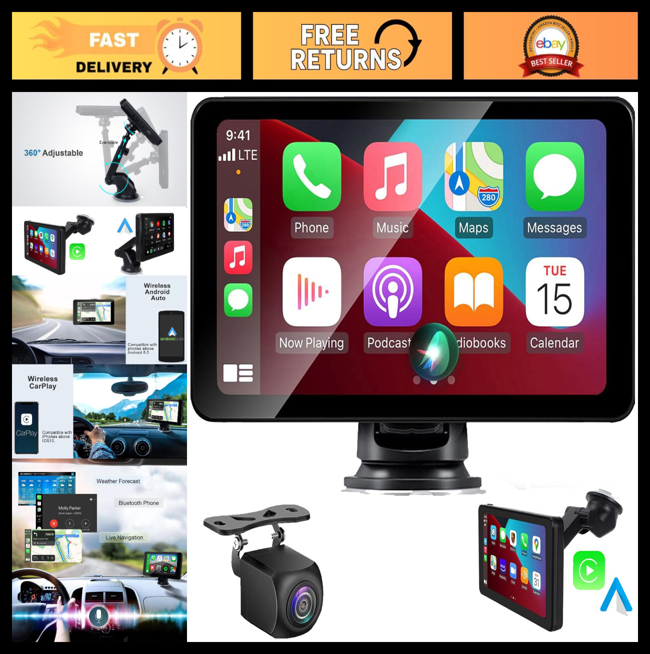 7″ HD Wireless CarPlay & Android Auto Stereo, Backup Camera, GPS, Voice Control