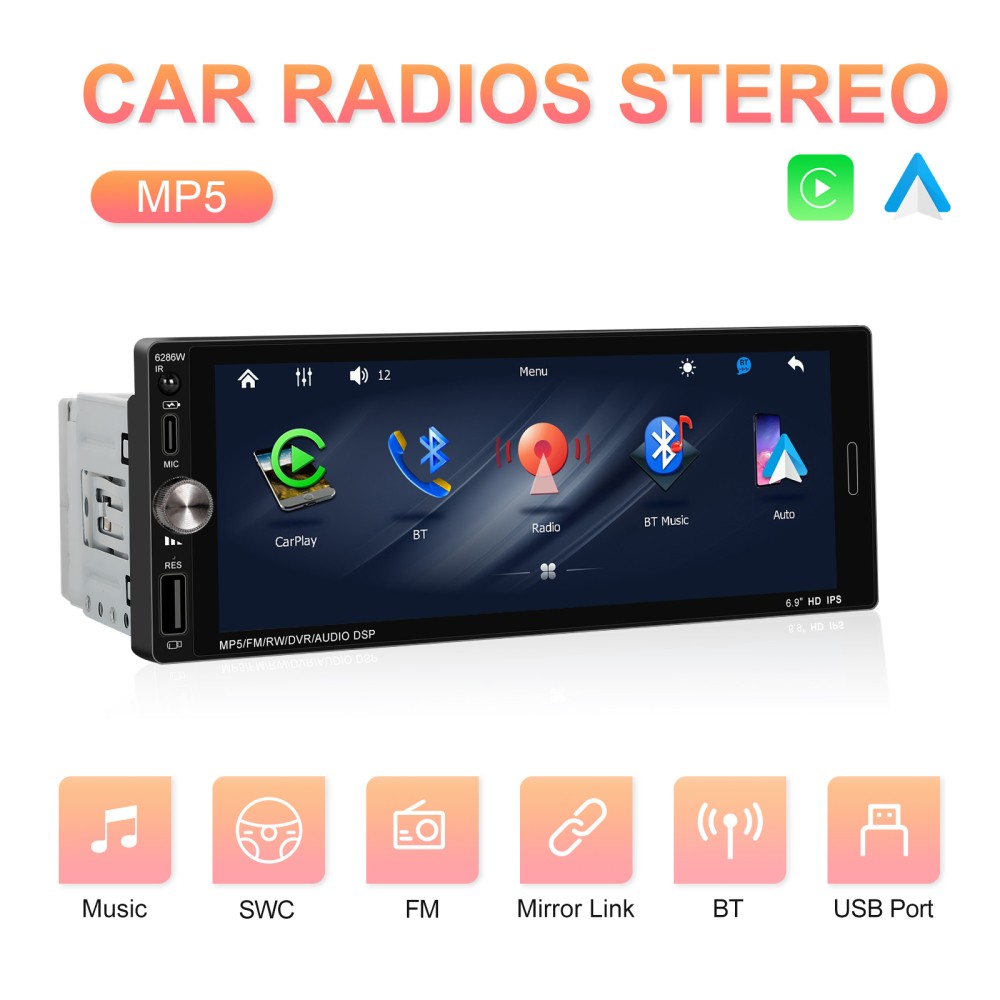 6.9” Single 1 Din USB Car Stereo Apple CarPlay touchscreen Bluetooth Radio SWC