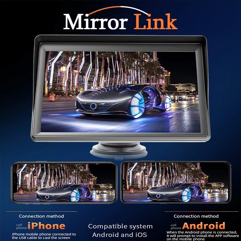 Hippcron 7in Portable CarPlay Android Auto Car Radio Touch Screen w/ USB AUX