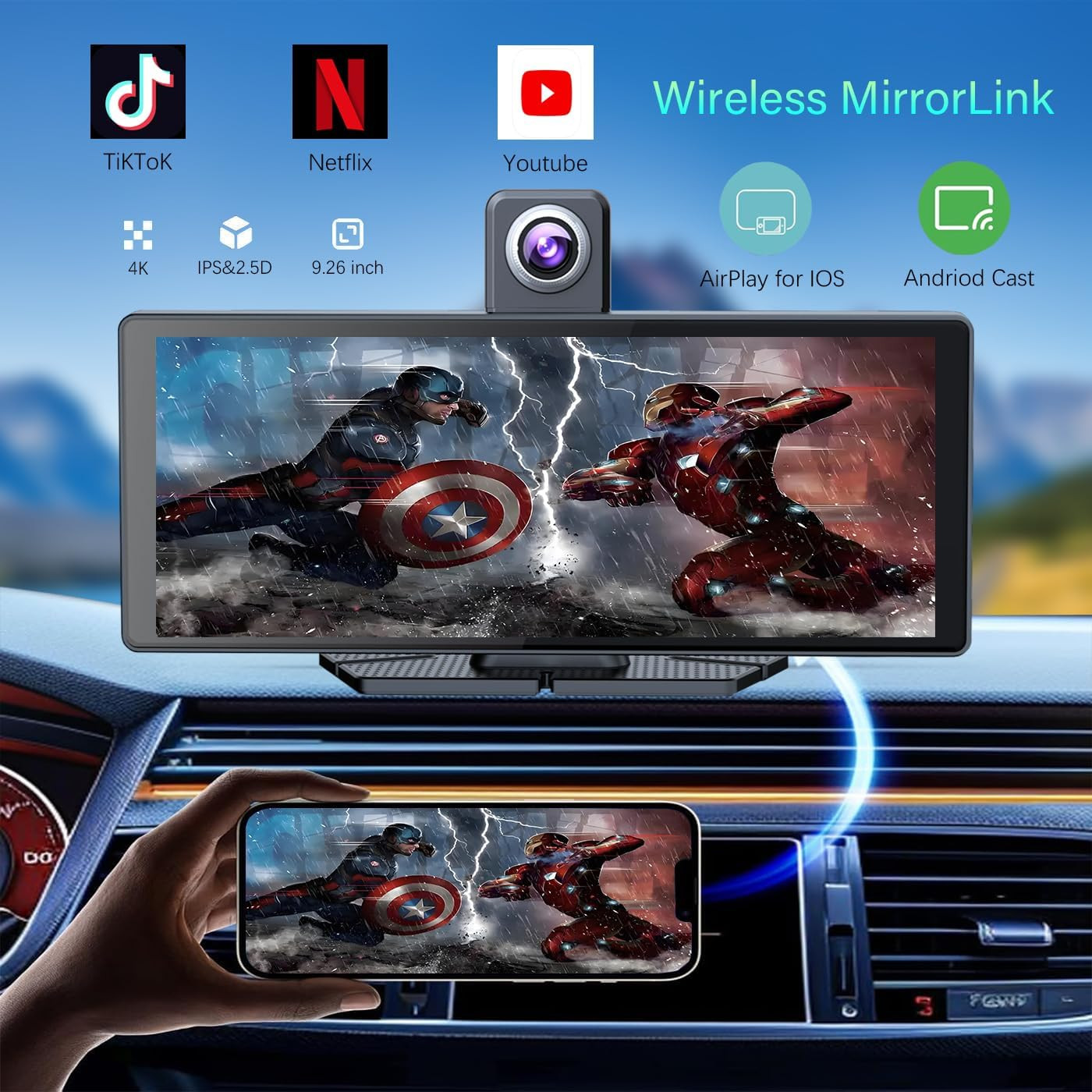 10.26″ Wireless Portable Carplay Screen Carplay & Android Auto Car Stereo 360 Ro
