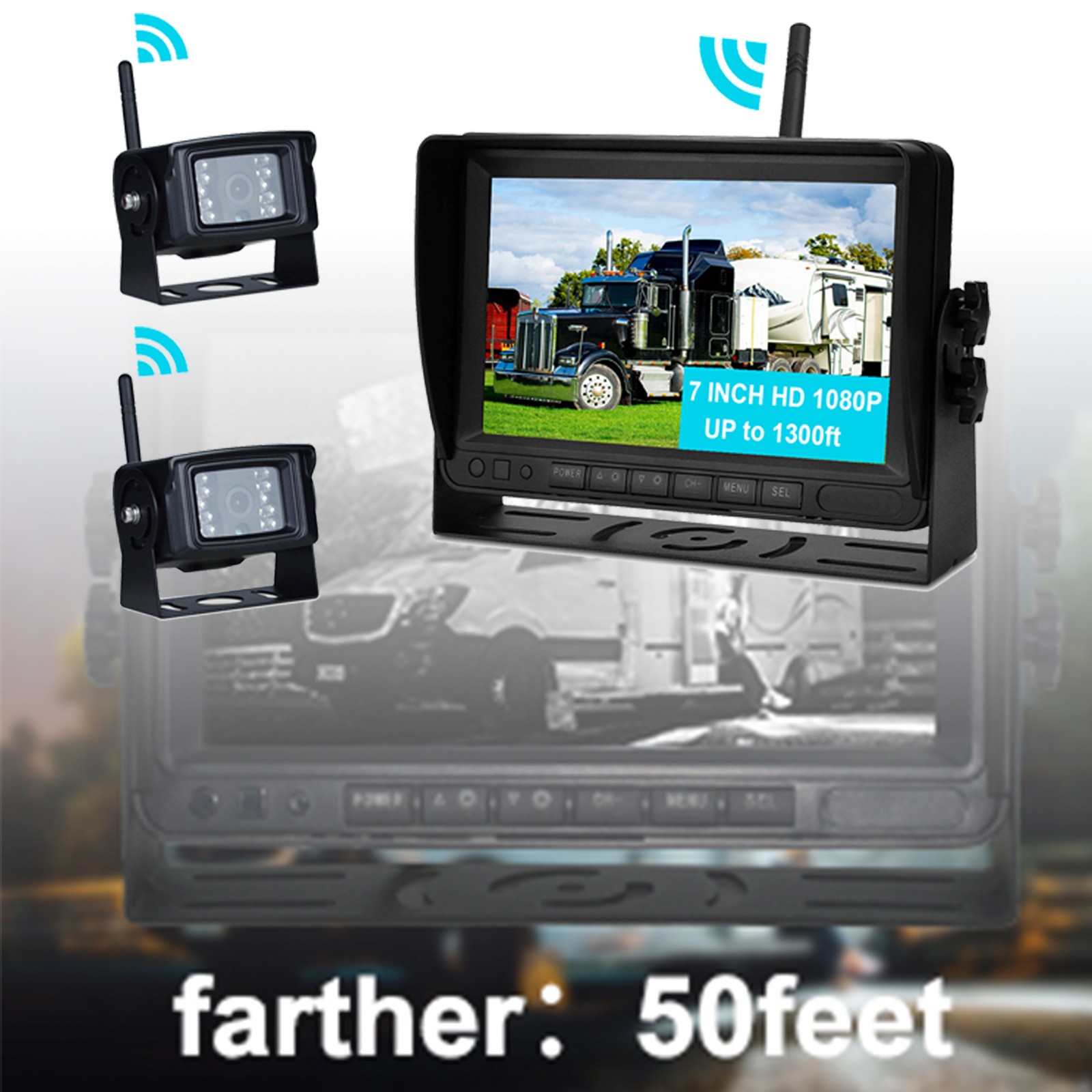 7″ Wireless AHD 1080P Display 2CH Rear View Backup Camera Kit for Truck Trailer