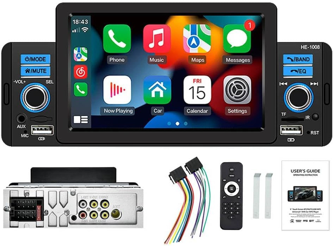 Single Din Car Stereo with Apple Carplay & Android Auto, 5 Inch HD Touch Screen