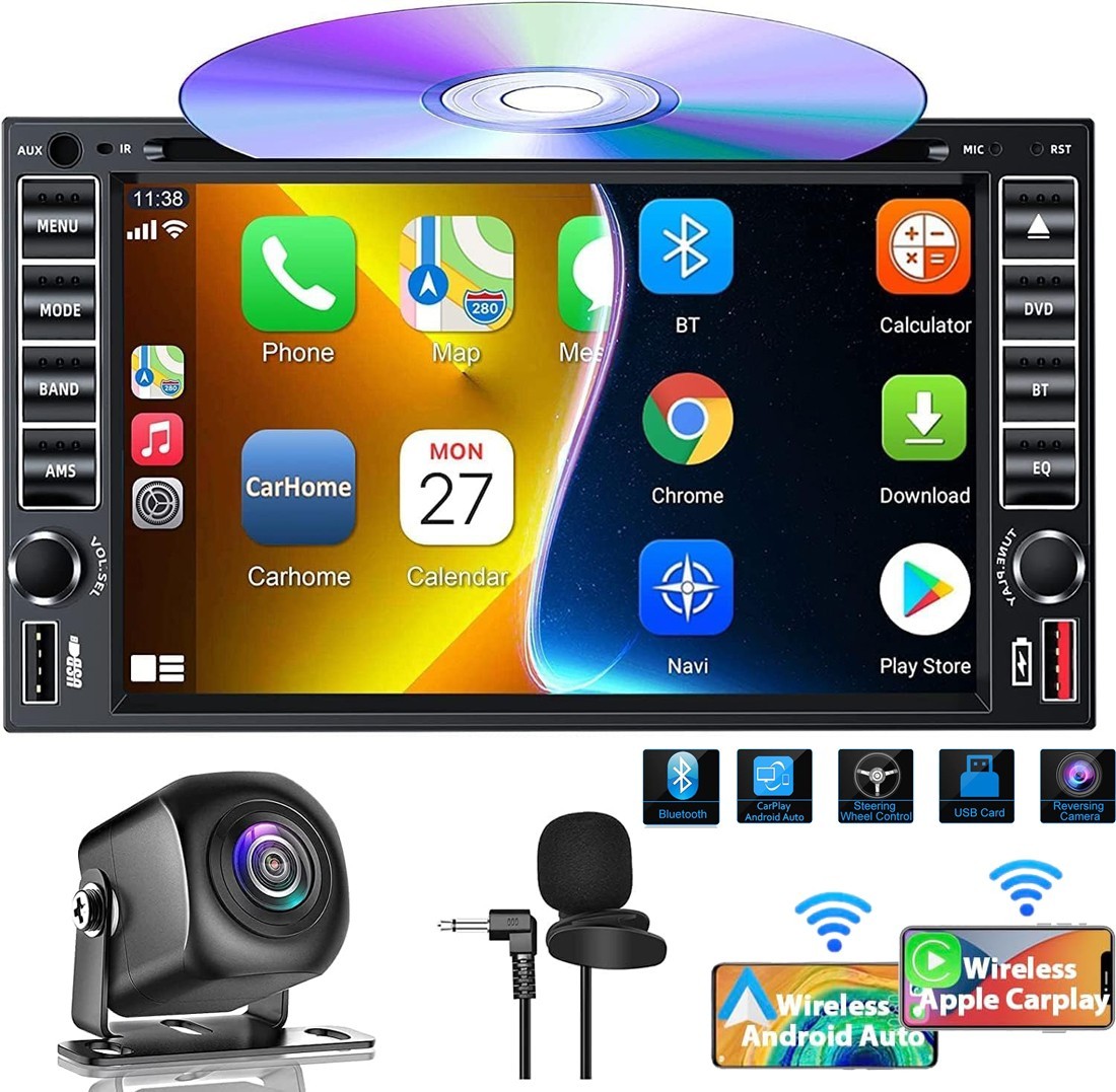 Double Din Car Stereo Radio w/ CD/DVD Player Carplay & Android Auto GPS AM Audio