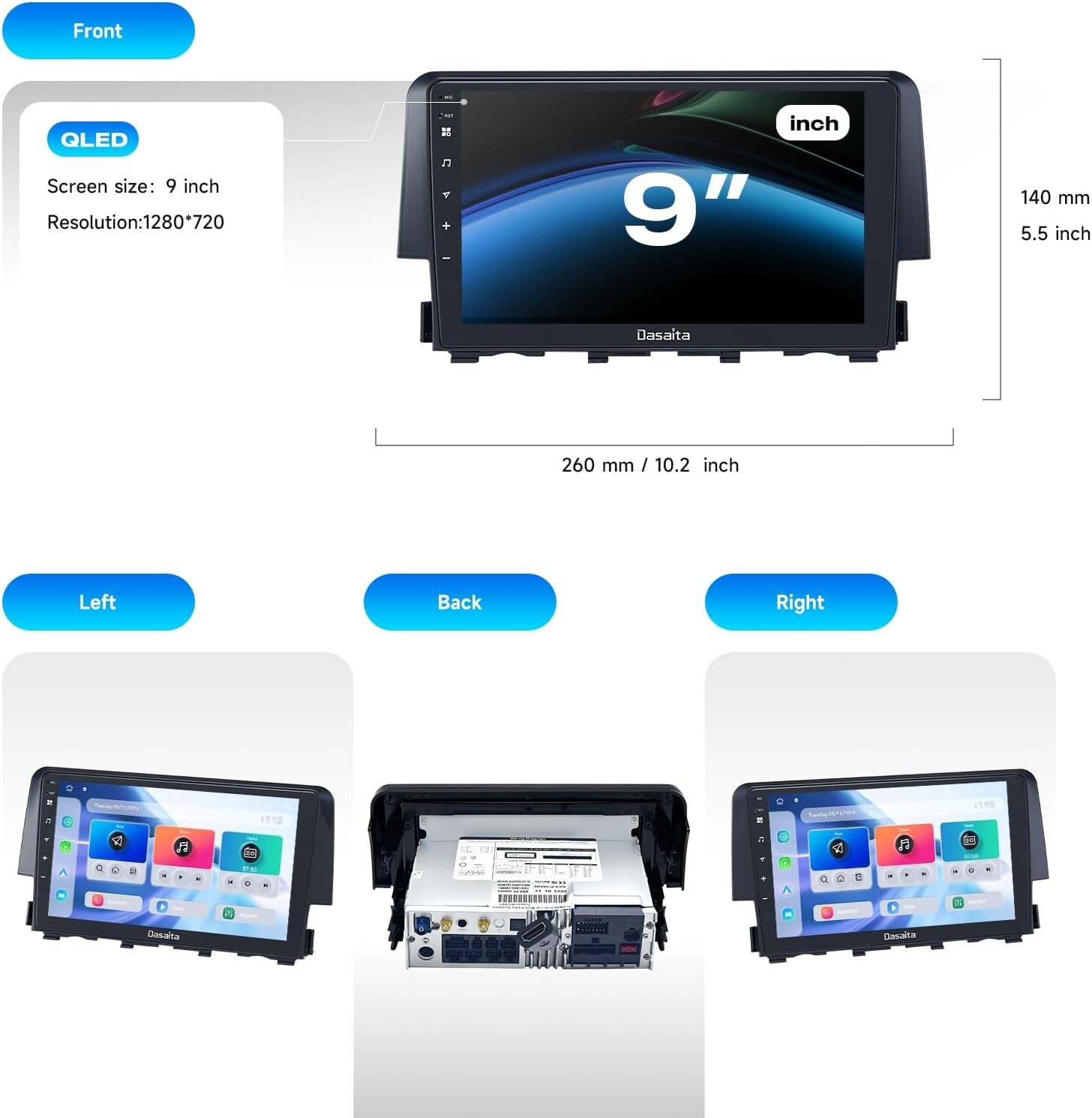 Dasaita 9″ Car Stereo for Honda Civic 2015-2022 Apple Carplay 4G LTE DTS 4+64G