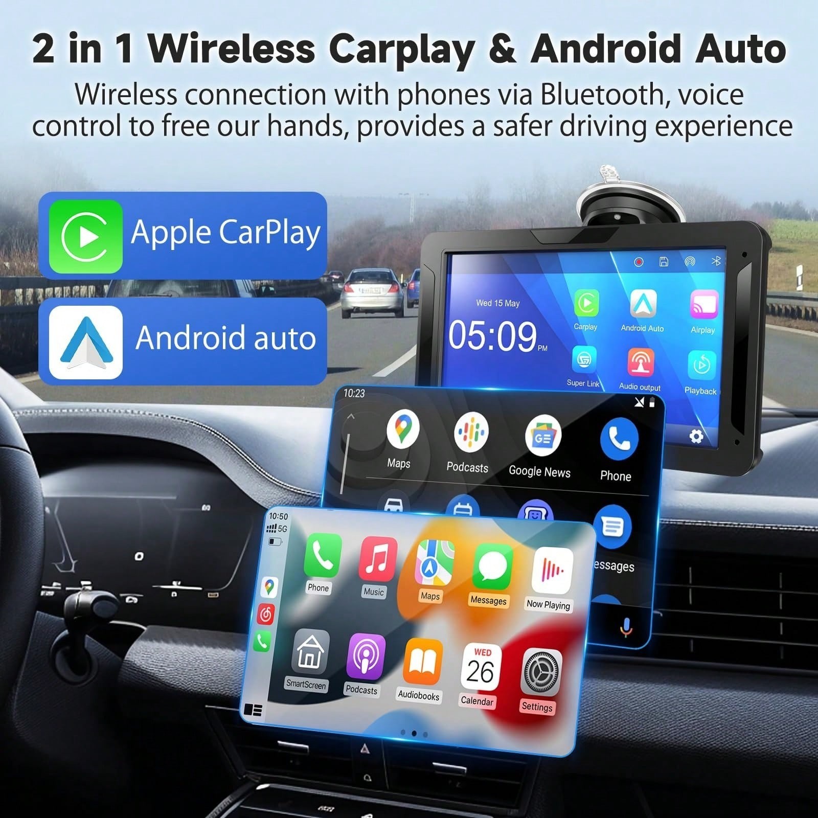 7 Inch Car Radio With Wireless CarPlay Android Auto Dash Cam And Backup Camera