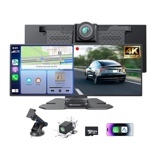 11.26 Inch Portable CarPlay Screen, 4K Dash Cam, 1080P Backup Camera, Bluetooth