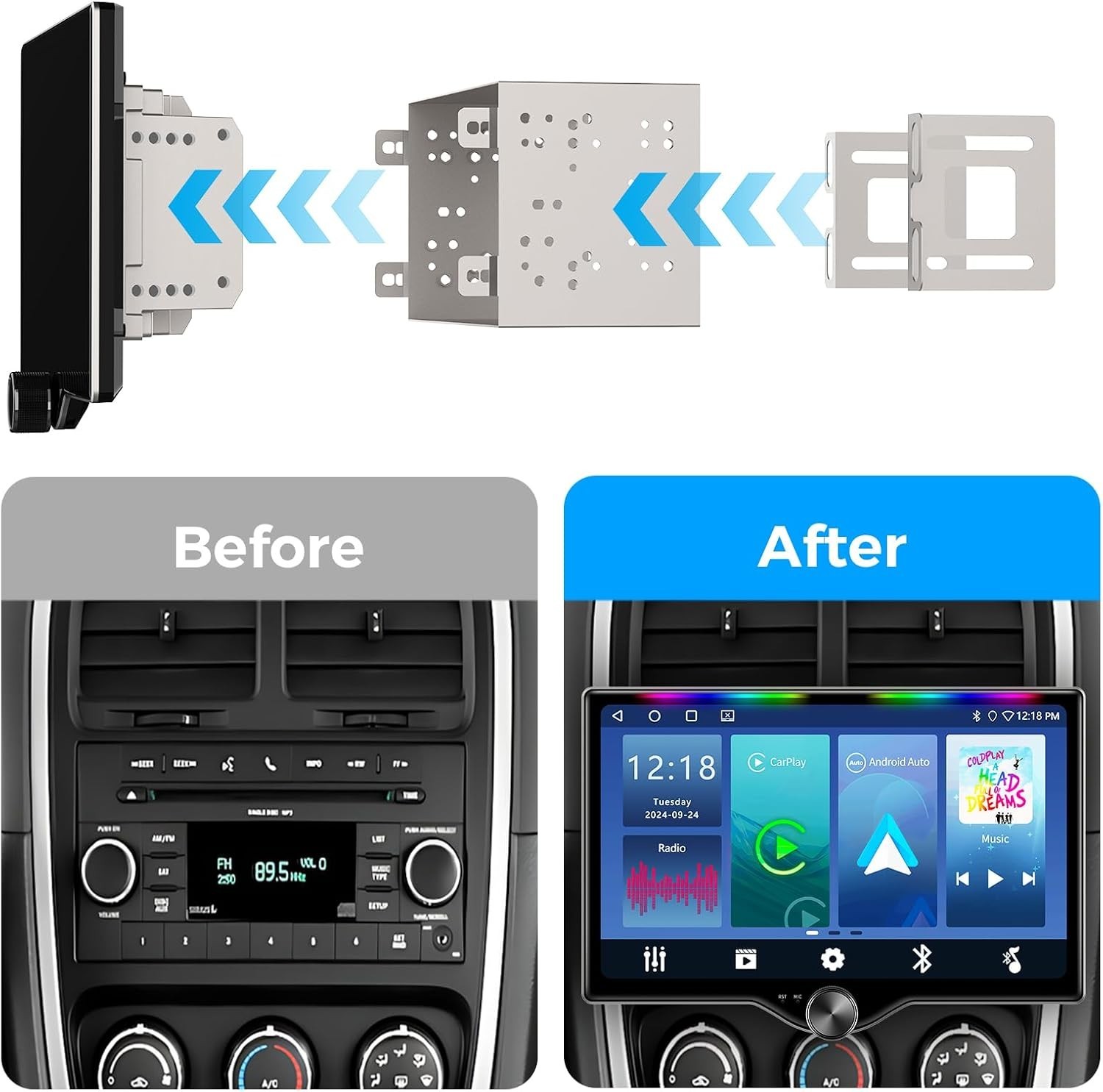 High-Power 10.1-Inch QLED Car Stereo with Music Sync Ambient Light & Bluetooth