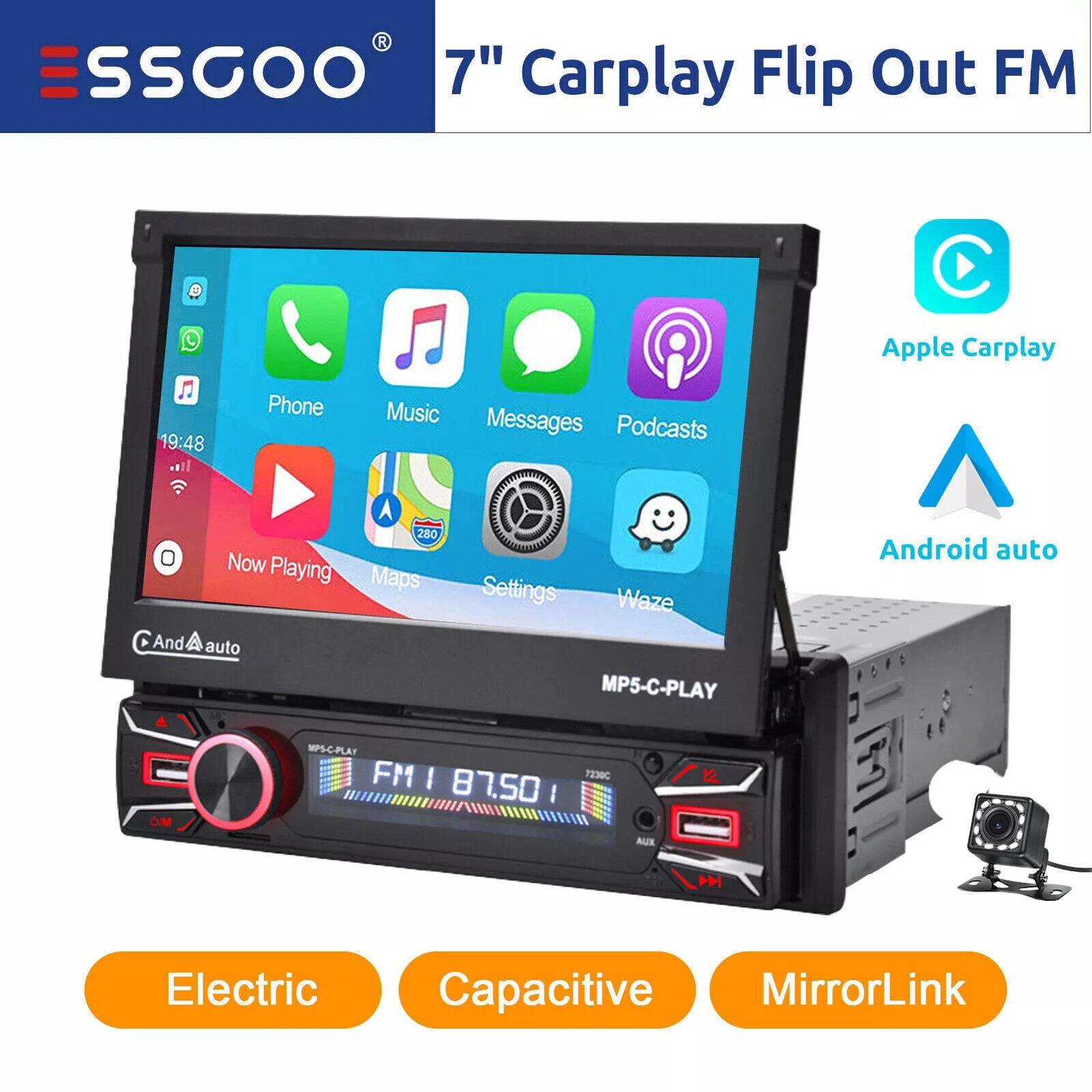 7” Car Stereo Radio Carplay Flip Out Single 1 Din Touch Screen Automatic FM+Cam