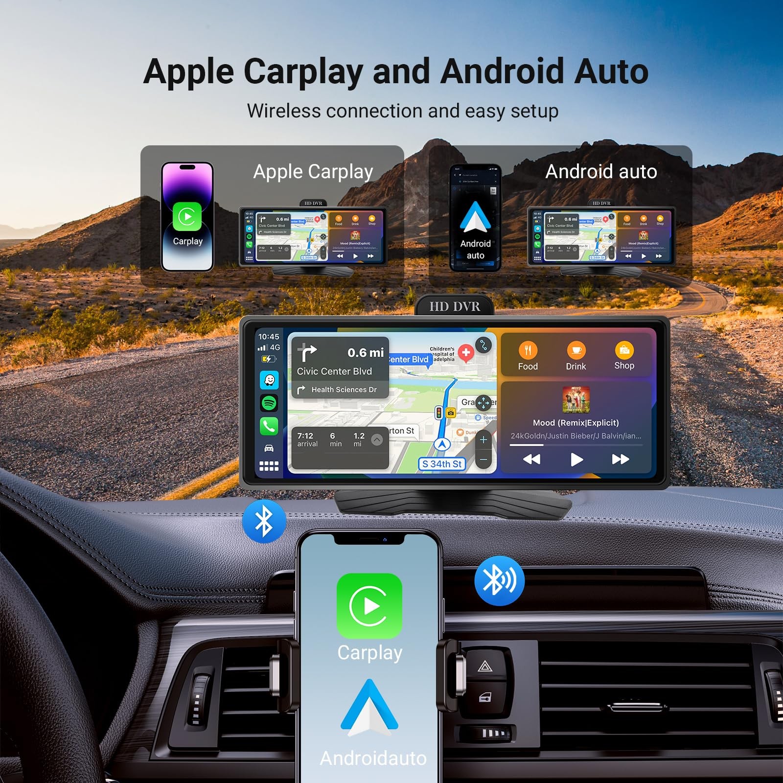 ‌10.26 Inch Wireless CarPlay & Android Auto Car Display with 1080P Dash Cam &…