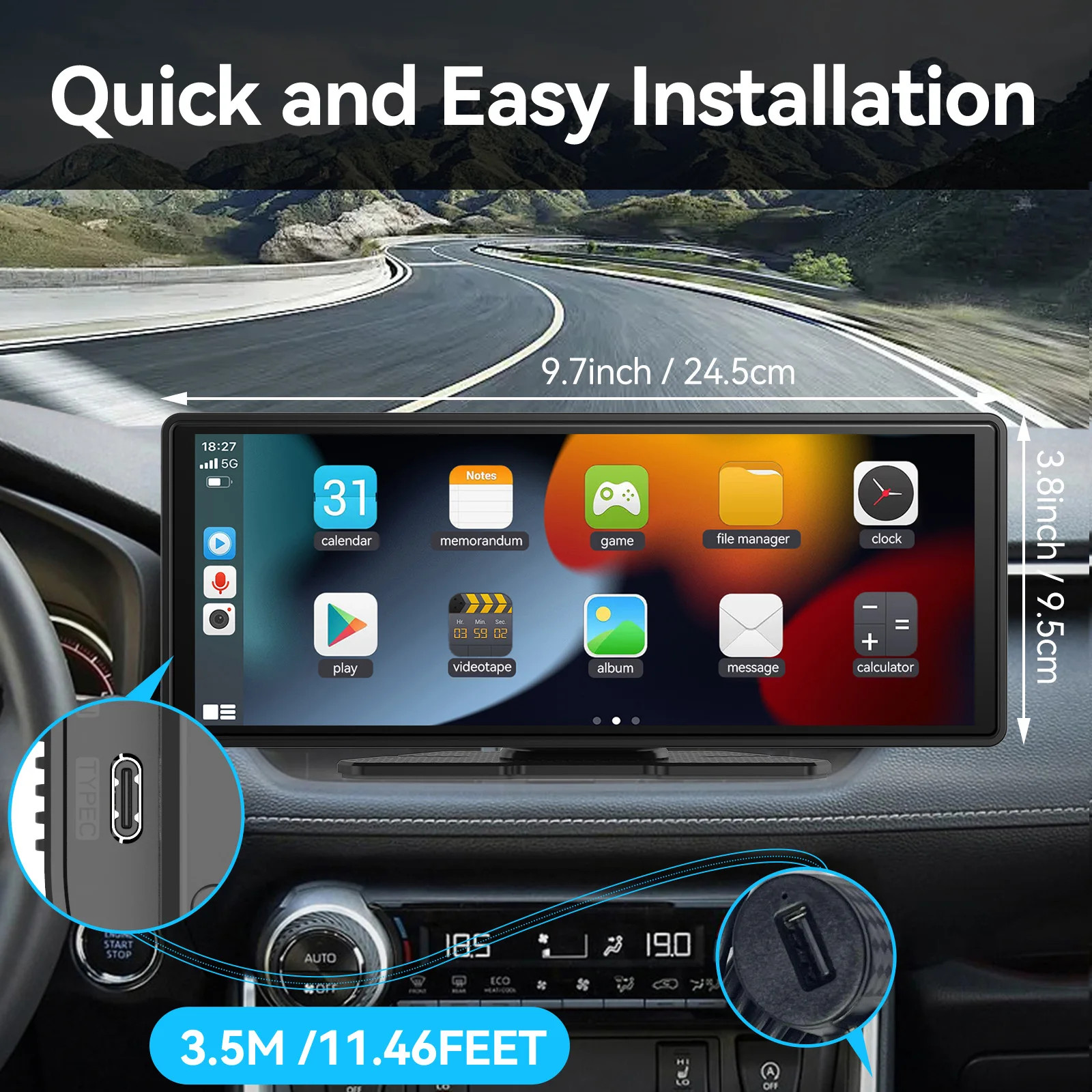 Universal Portable Wireless Carplay Screen for Car with Android Auto Touchscreen