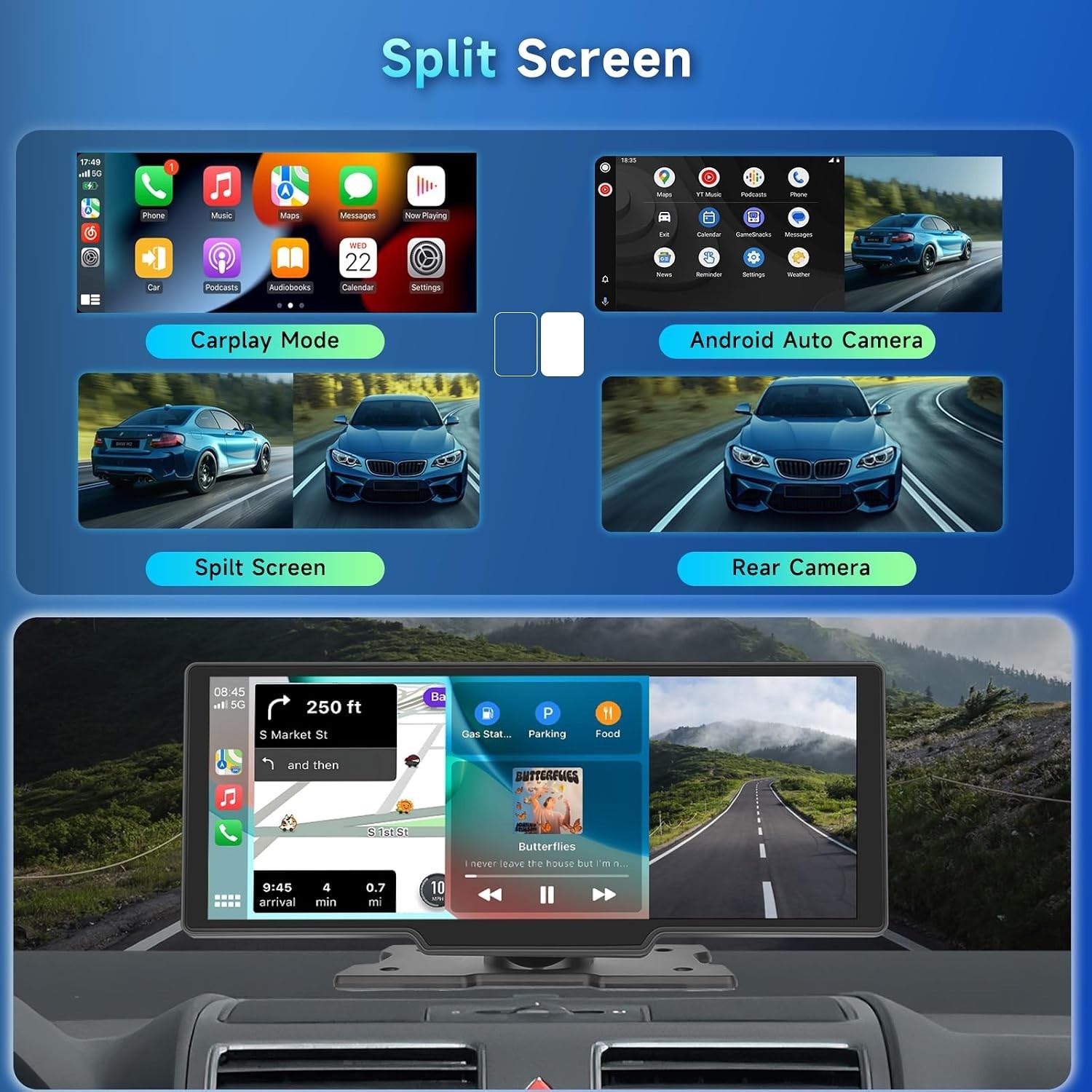 Touchscreen Car Radio, Bluetooth FM Transmitter, 2.5K Camera